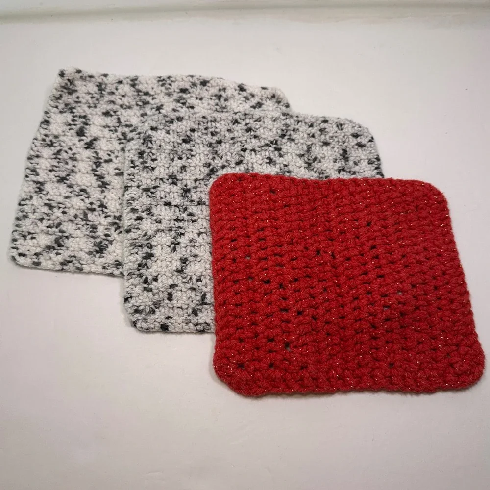 Handmade Crochet Washcloth Set 3pc Red Gold Metallic Black White Marble Textured